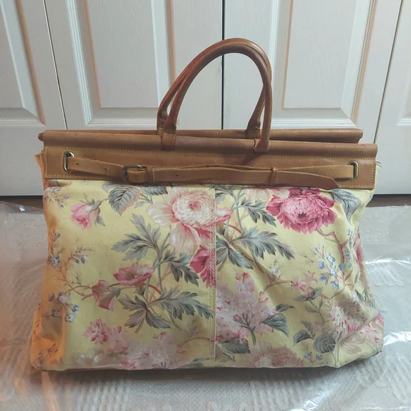 Vintage 80's Ralph Lauren Floral Carpet Tapestry Leather Satchel- Travel Bag! - Picture 1 of 16